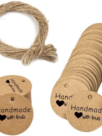 Handmade with Love Tags,100 PCS Kraft Paper Gift Tags with Jute Twine