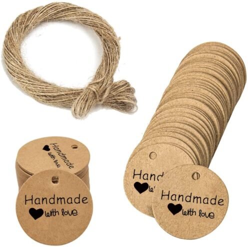 “Handmade with Love” printed tags one side, vintage tag perfect for hand made goods, also suitable for Wedding, Birthday, Thanksgiving day, and other festivals. Handmade with Love Tags,100 PCS Kraft Paper Gift Tags with Jute Twine