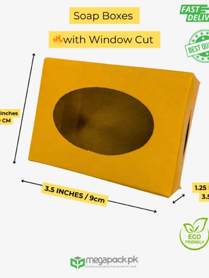 soap box for molds with handmade soap visible through window cut natural kraft finish