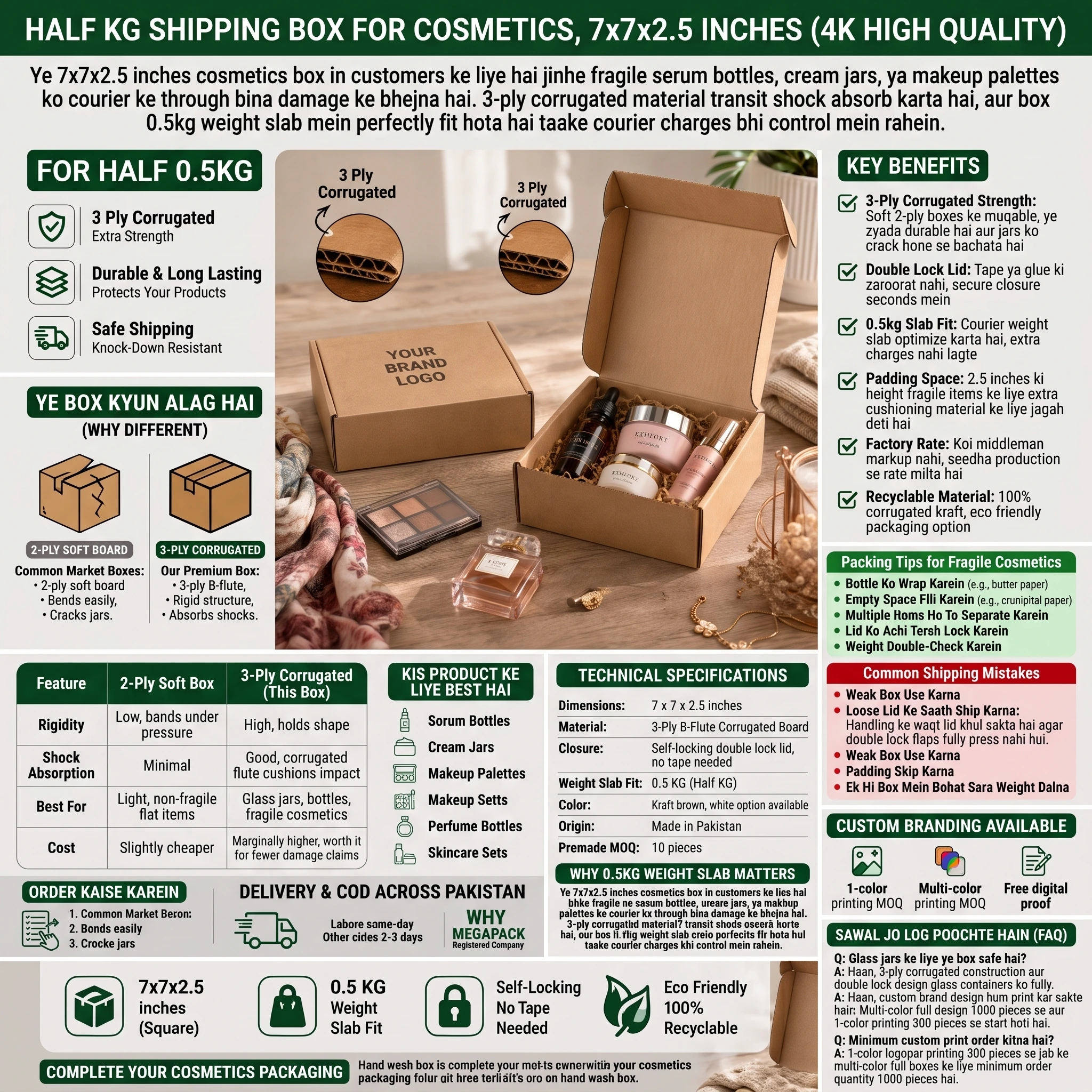 Half KG Shipping Box for Cosmetics 7x7x2.5 Inches Pakistan 3 ply 3-ply corrugated half kg shipping box for serum bottles and cream jars, Pakistan