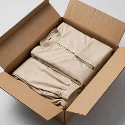 Mailer box 10x8x3.3 with folded 2 piece shalwar kameez suit inside