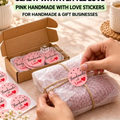 Handmade With Love Stickers Pink Round 100PCS - custom packaging by MegaPack Pakistan