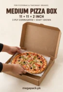 Medium pizza box 11x11x2 kraft, 3-ply corrugated brown with pizza in an open box