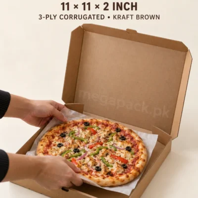 11 inch pizza box, 11x11x2 inches, 3-ply corrugated kraft brown with pizza in an open box