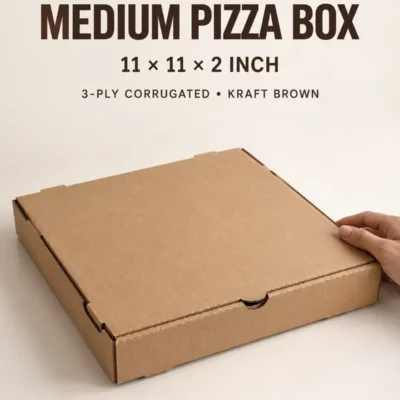 11 inch pizza box, 11x11x2 inches, 3-ply corrugated kraft brown closed front and side view