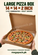 Large pizza box 14x14x2 kraft, 3-ply corrugated brown with pizza in an open box