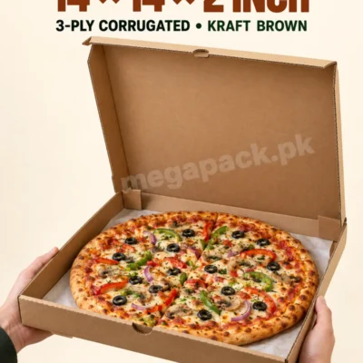 14 inch pizza box, 14x14x2 inches, 3-ply corrugated kraft brown with pizza in an open box
