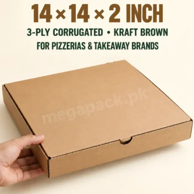 14 inch pizza box, 14x14x2 inches, 3-ply corrugated kraft brown closed front and side view