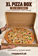 XL pizza box 16x16x2 kraft, open 3-ply corrugated brown box with pizza inside