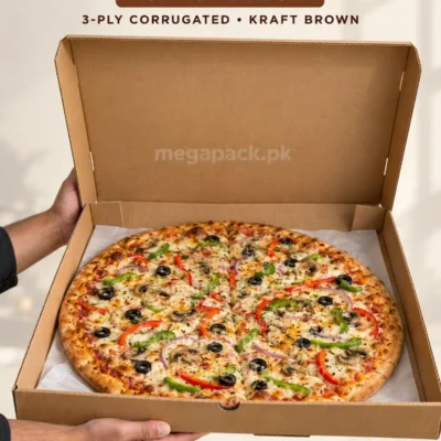 16 inch pizza box, 16x16x2 inches, 3-ply corrugated kraft brown with pizza in an open box