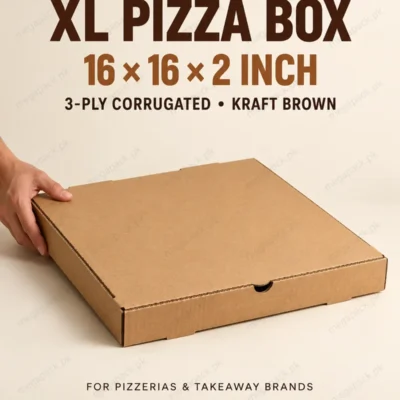 16 inch pizza box, 16x16x2 inches, 3-ply corrugated kraft brown closed front and side view