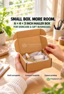 6x4x3 corrugated kraft mailer box with hands packing skincare products on a sunny work desk