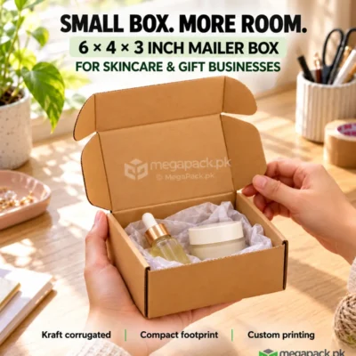 6x4x3 corrugated kraft mailer box with hands packing skincare products on a sunny work desk