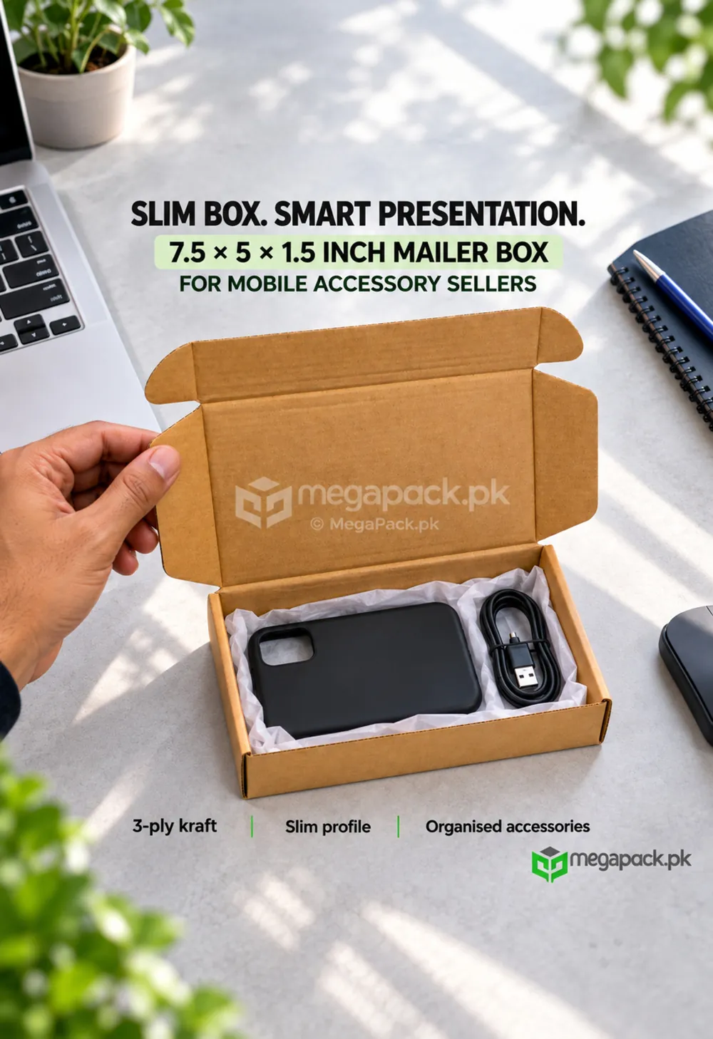 megapack 7 5x5x1 5 inch e commerce packaging box ugc 7.5x5x1.5 Inch E-Commerce Box for Mobile Covers & Accessories - custom packaging by MegaPack Pakistan