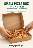 Small pizza box 7x7x2 kraft, 3-ply corrugated brown with pizza in an open box