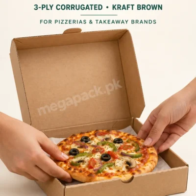 7 inch pizza box, 7x7x2 inches, 3-ply corrugated kraft brown with pizza in an open box