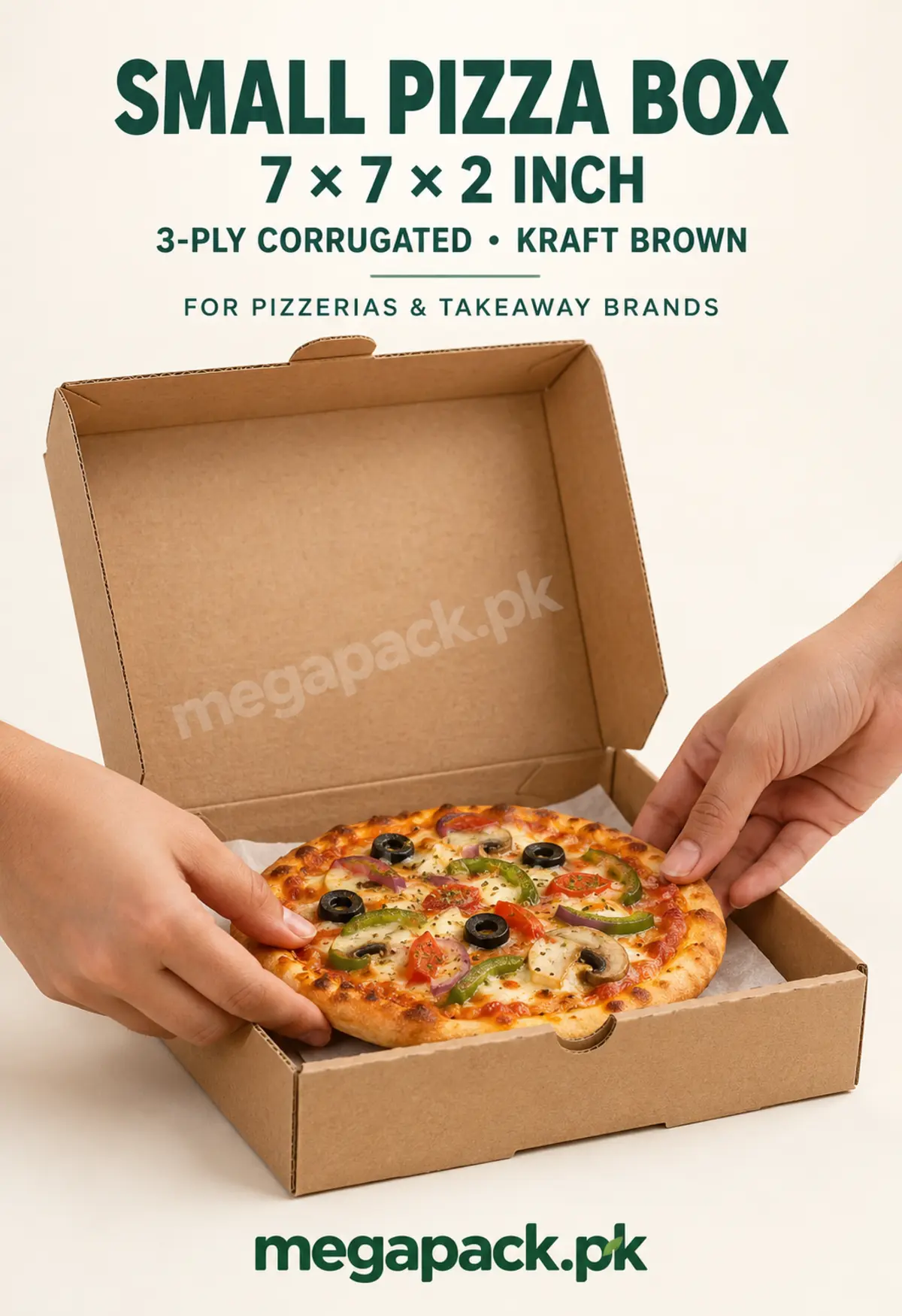 megapack 7x7x2 pizza box angle 1 Small pizza box 7x7x2 kraft, 3-ply corrugated brown with pizza in an open box