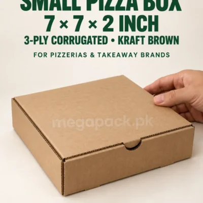 7 inch pizza box, 7x7x2 inches, 3-ply corrugated kraft brown closed front and side view