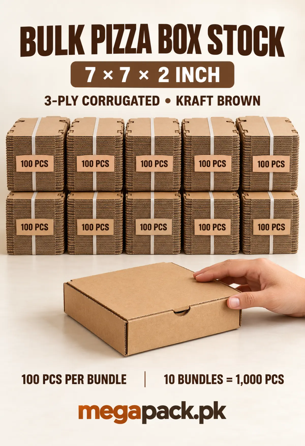 megapack 7x7x2 pizza box angle 4 Small pizza box 7x7x2 kraft stock in 100-piece bundles