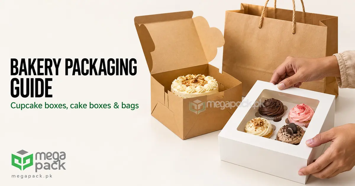 Bakery packaging guide Pakistan showing cupcake box sizes, cake boxes and branding tips for home bakers