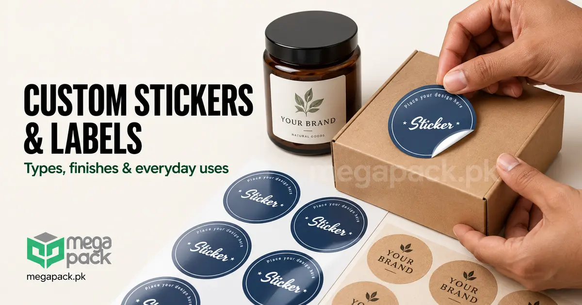 Custom stickers and label printing guide Pakistan showing types, prices and best uses