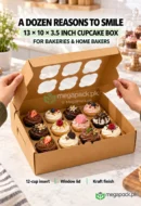 Cupcake Box 12pcs Kraft Bakery Boxes with Window & Inserts - custom packaging by MegaPack Pakistan
