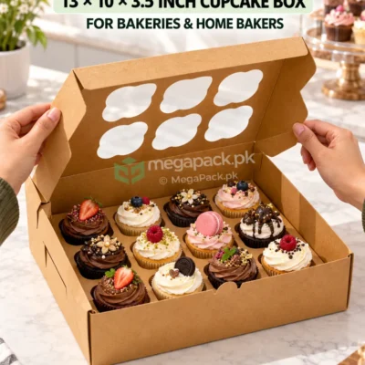 Cupcake Box 12pcs Kraft Bakery Boxes with Window & Inserts - custom packaging by MegaPack Pakistan