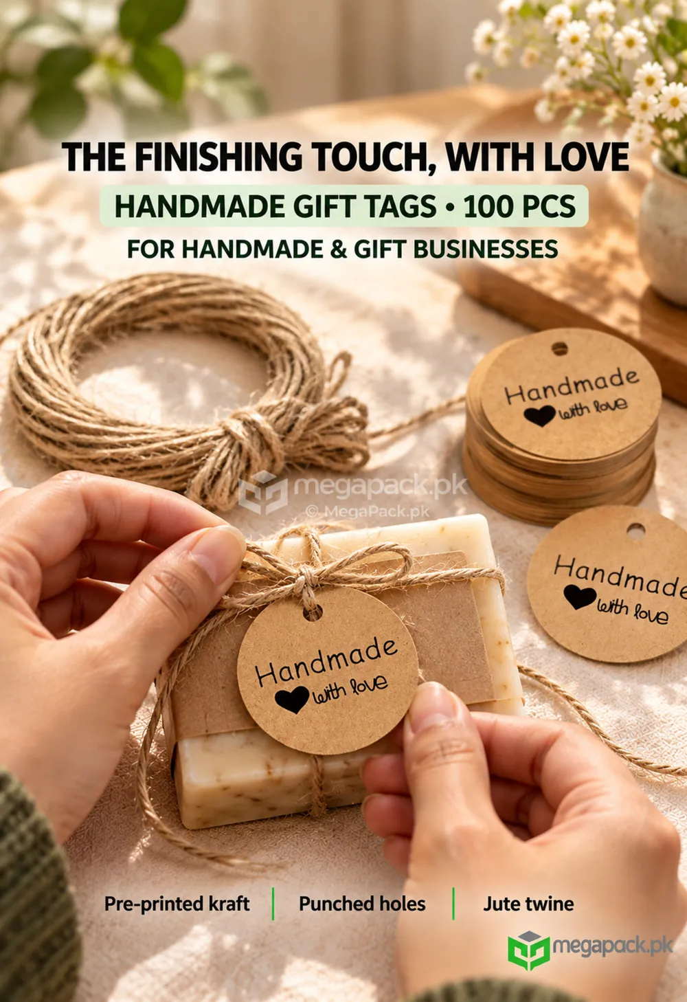 megapack handmade with love hangtags kraft card brown round 2 5 inches100pcs ugc Handmade with Love Tags 100 PCS Kraft Paper Gift Tags - custom packaging by MegaPack Pakistan