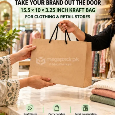 Kraft Bag Large 15.5x10x3.25 Inches For Shopping, Clothing, Retail - custom packaging by MegaPack Pakistan