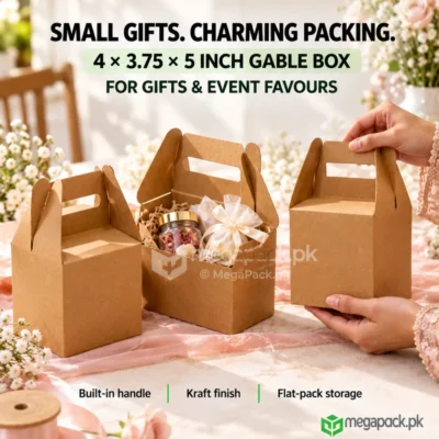 Kraft Gable Gift Boxes with Handles 4x3.75x5 Inches - custom packaging by MegaPack Pakistan