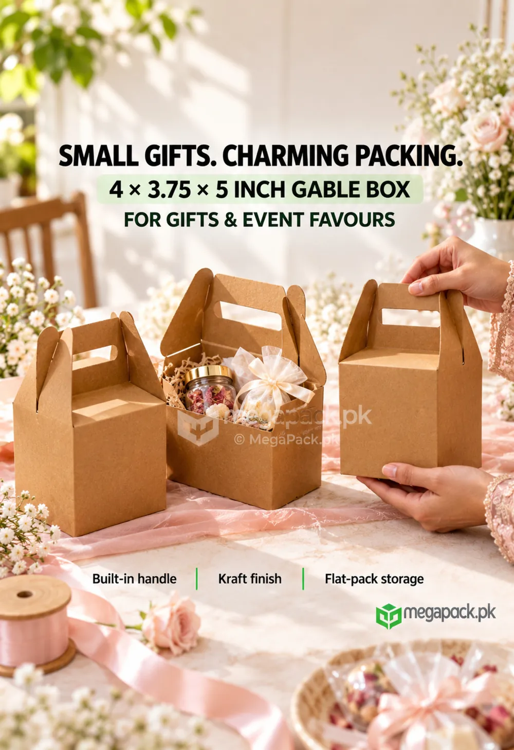 Kraft Gable Gift Boxes with Handles 4x3.75x5 Inches - custom packaging by MegaPack Pakistan