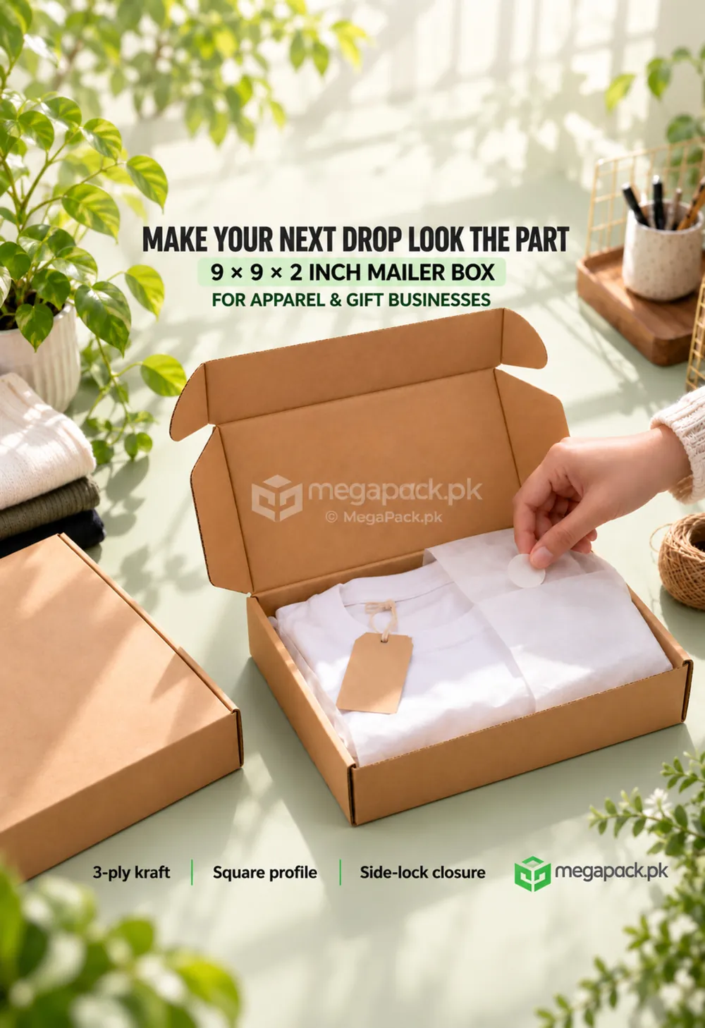 megapack mailer box 9x9x2 kraft ugc Brown Mailer Box 9x9x2 Inches for Apparel & Gift Sets - custom packaging by MegaPack Pakistan
