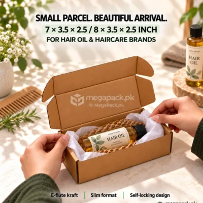 Mailer Box Shipping Box 7x3.5x2.5 or 8x3.5x2.5 - real use case with hair oil by MegaPack Pakistan