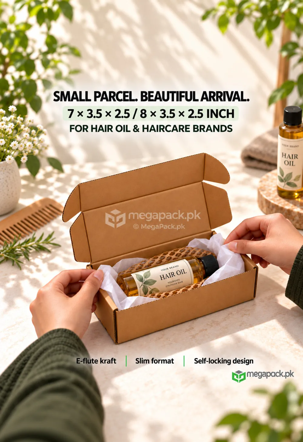 megapack mailer box shipping box 7x3 5x2 5 hair oil ugc Mailer Box Shipping Box 7x3.5x2.5 or 8x3.5x2.5 - real use case with hair oil by MegaPack Pakistan