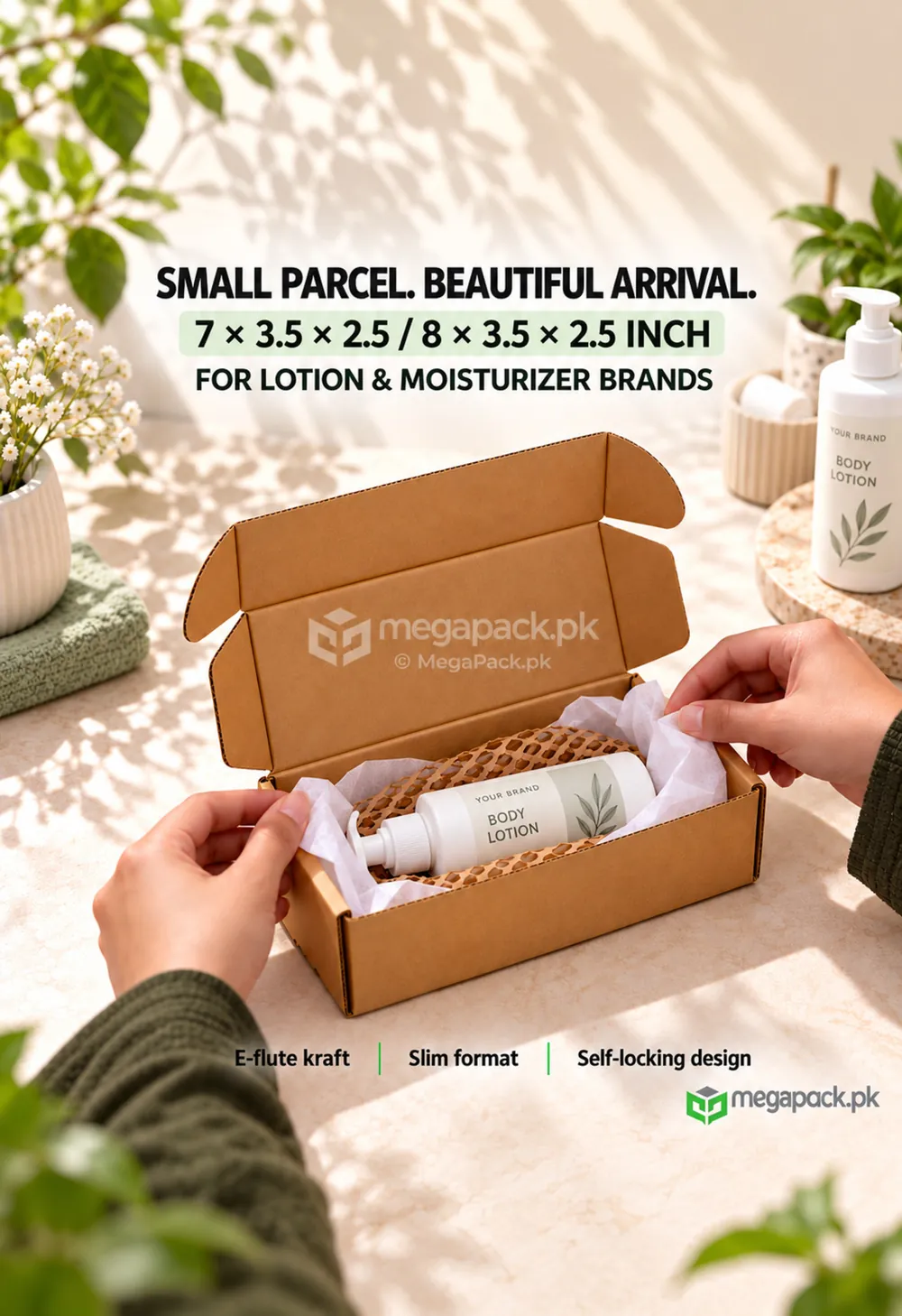 megapack mailer box shipping box 7x3 5x2 5 lotion ugc Mailer Box Shipping Box 7x3.5x2.5 or 8x3.5x2.5 - real use case with lotion by MegaPack Pakistan